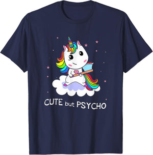 Cute But Psycho Graphic Novelty Rainbow Unicorn Humour T-Shirt - T-Shirt | Navy