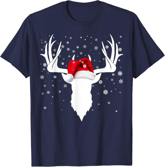 Santa Hat Deer Hunting Christmas Reindeer Xmas Pajama T-Shirt - T-Shirt | Navy