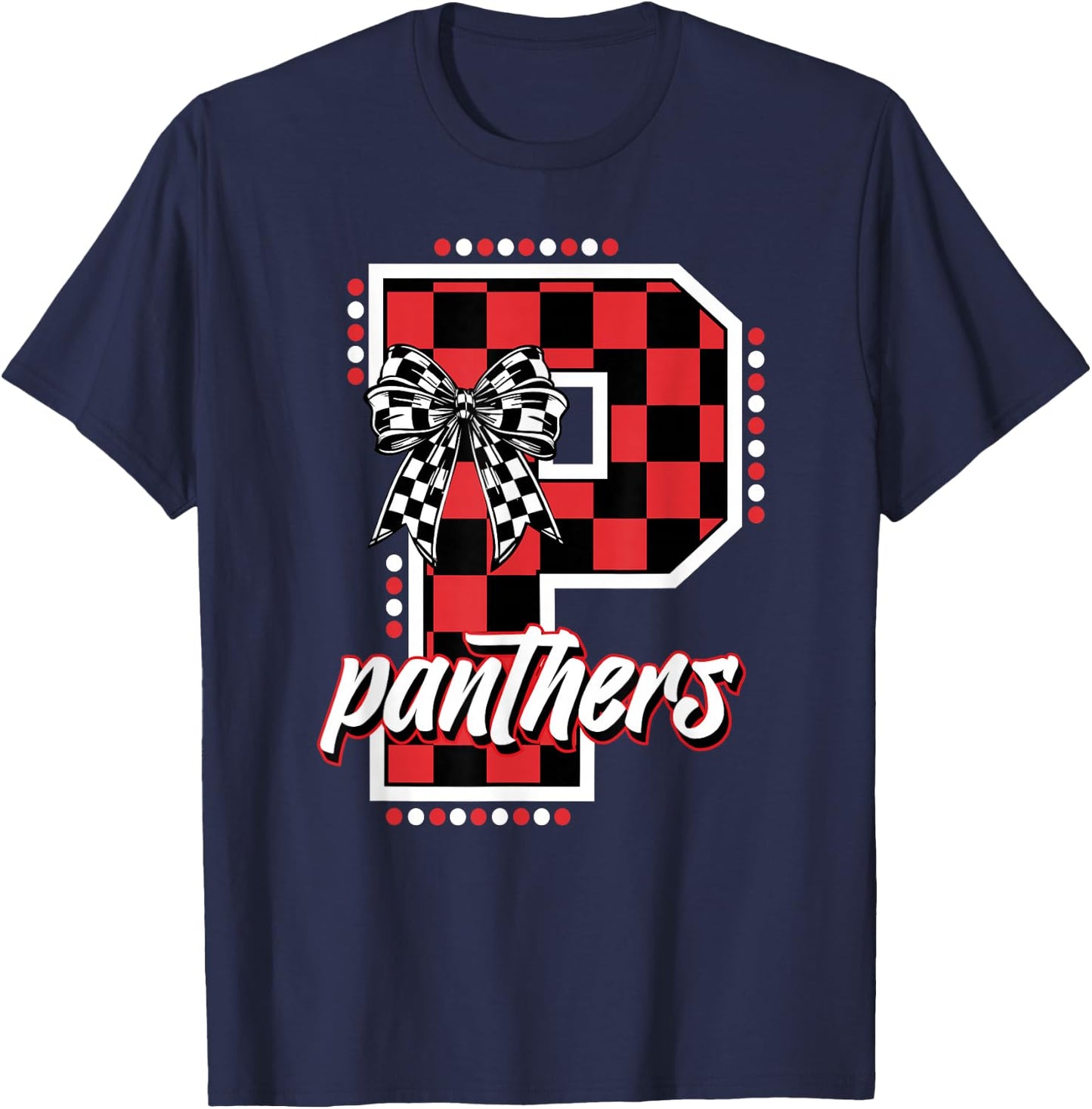 Panthers Checkered Print Letter Coquette Bow School Spirit T-Shirt - T-Shirt | Navy