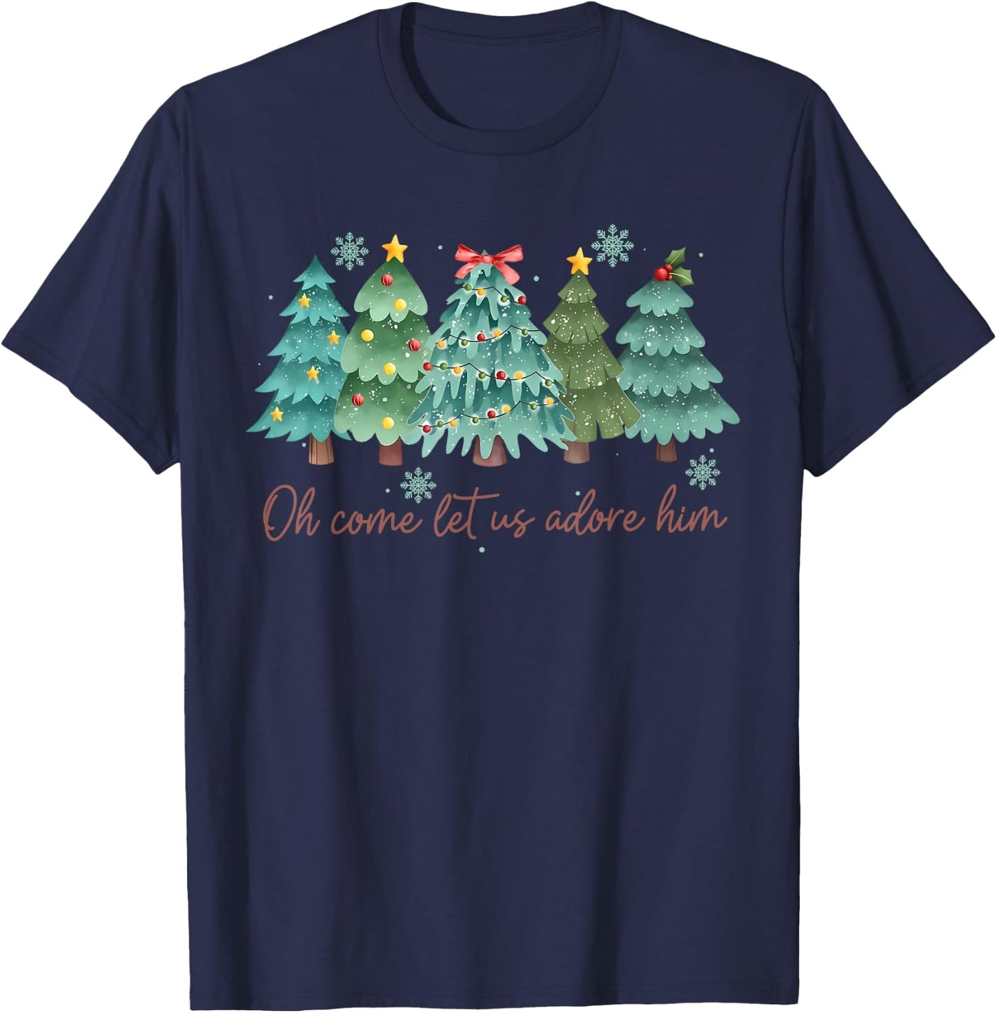 Oh Come Let US Adore Him Funny Christian Christmas Tree Bow T-Shirt - T-Shirt | Navy