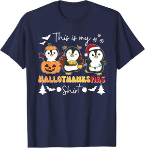 Penguin Christmas Halloween This Is My Hallothanksmas T-Shirt - T-Shirt | Navy