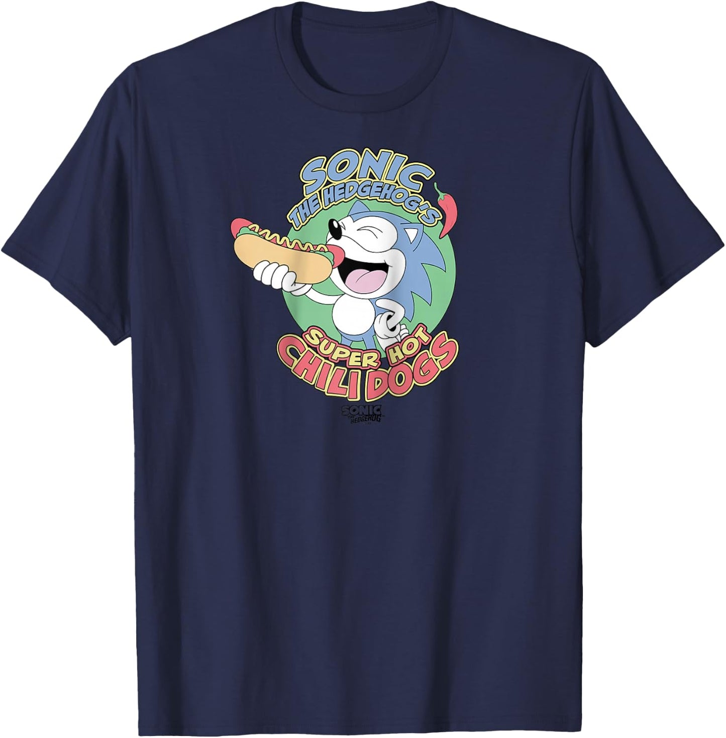 Sonic The Hedgehog Super Hot Chili Dogs Retro Ad Raglan Baseball T-Shirt - T-Shirt | Navy