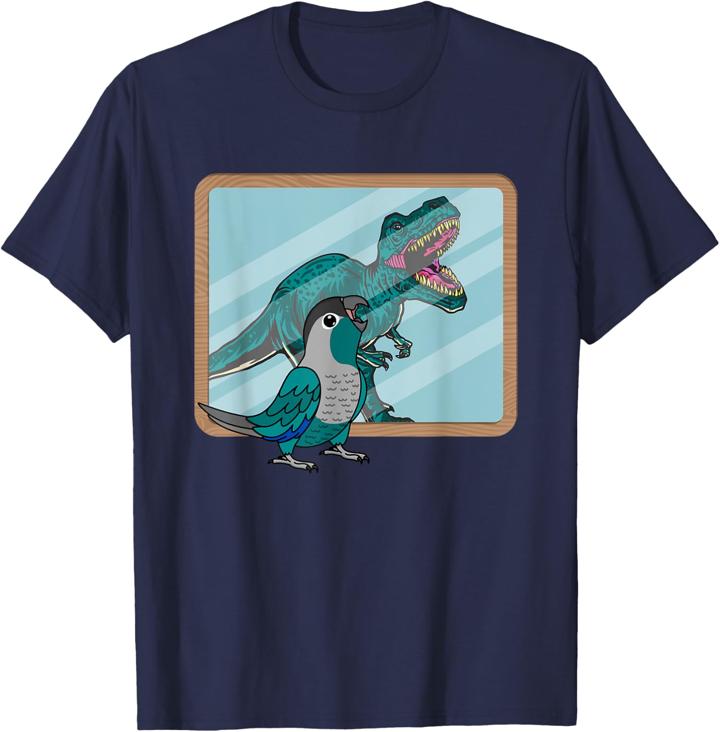Funny Birds Gifts for Birders and Bird Breeders Parrot & T Rex Reflection I Turquoise Green Cheek Conure T-Shirt - T-Shirt | Navy