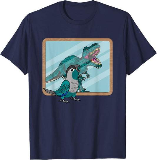 Funny Birds Gifts for Birders and Bird Breeders Parrot & T Rex Reflection I Turquoise Green Cheek Conure T-Shirt - T-Shirt | Navy