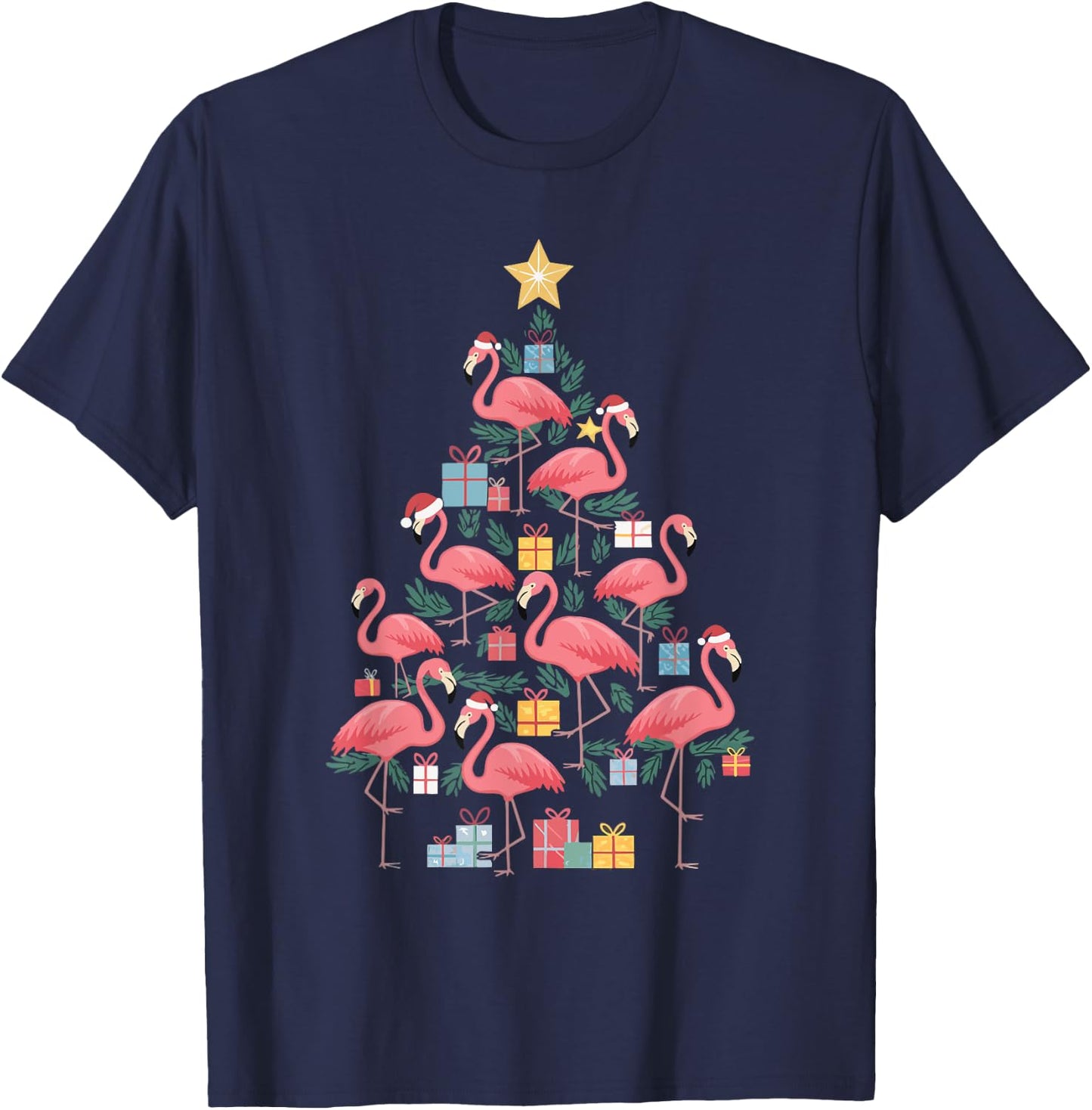 Flamingo Christmas Tree T-Shirt - T-Shirt | Navy