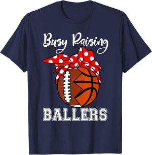 Busy Raising Ballers Funny Football Basketball Mom T-Shirt - T-Shirt | Navy