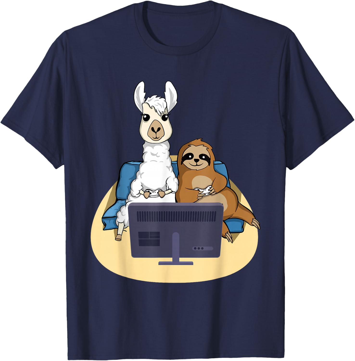 Sloth And Llama Gamer - Zookeeper Zoo Animal Lovers T-Shirt - T-Shirt | Navy