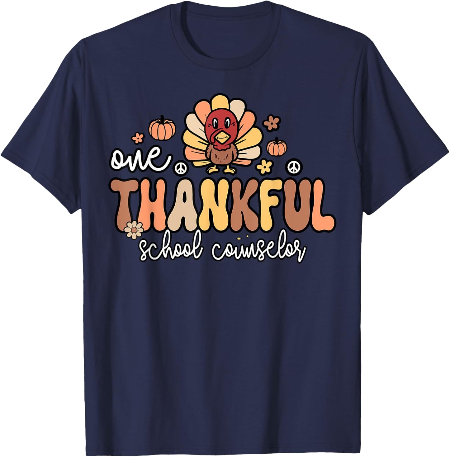 One Thankful School Counselor Groovy Thanksgiving Counselor T-Shirt - T-Shirt | Navy
