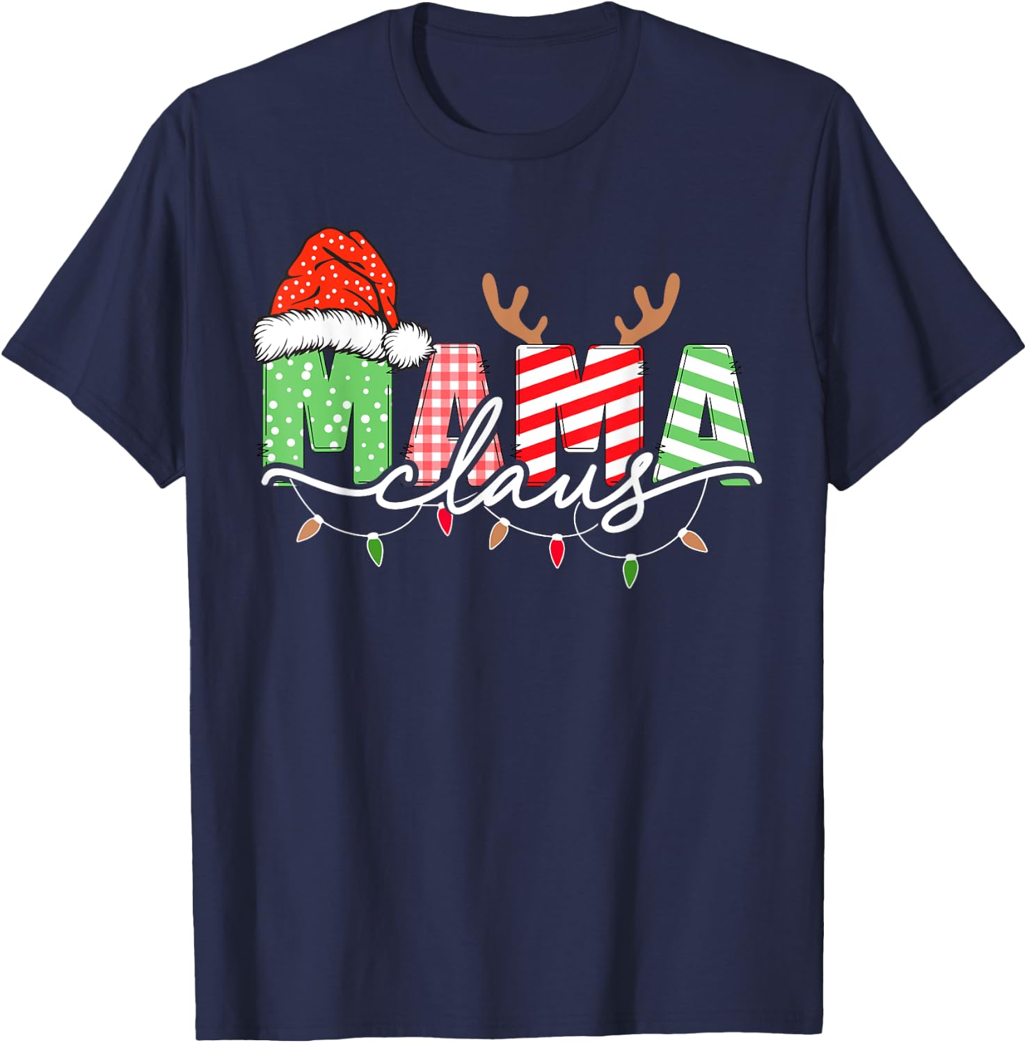 Mama Claus Xmas Christmas Lights Pajama Family Matching T-Shirt - T-Shirt | Navy