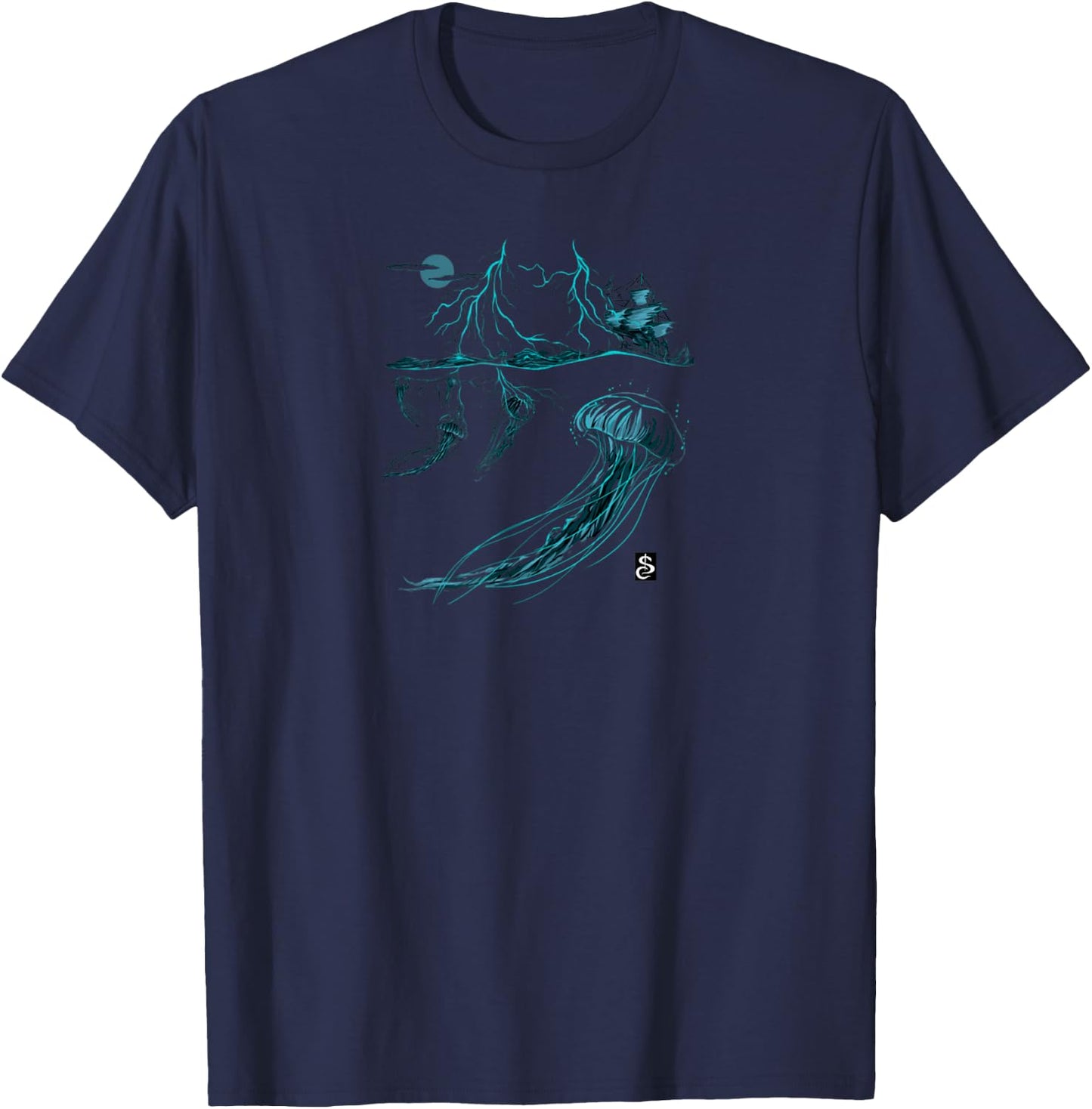 Jellyfish Artistic Lightning Ocean Design T-Shirt - T-Shirt | Navy