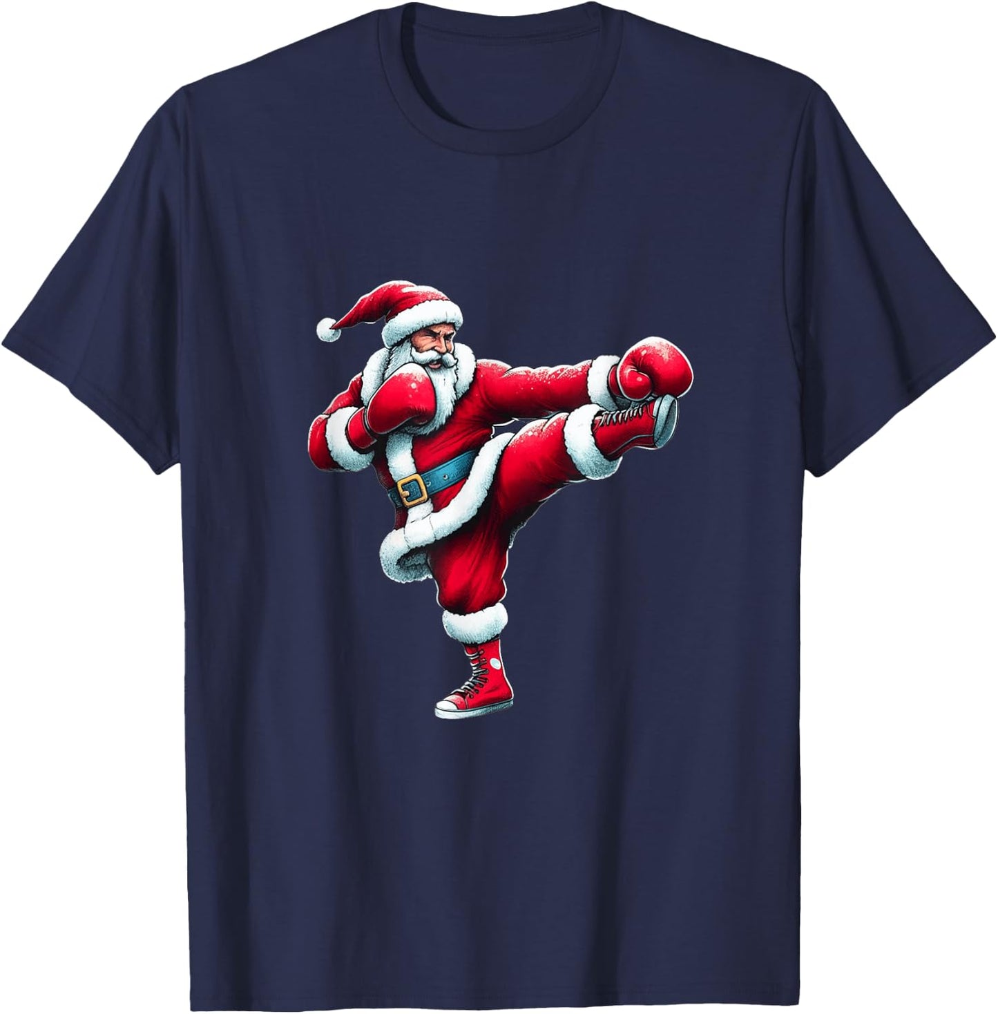 Santa Kickboxing Boxing Kicking Cool Sports Christmas Pajama T-Shirt - T-Shirt | Navy