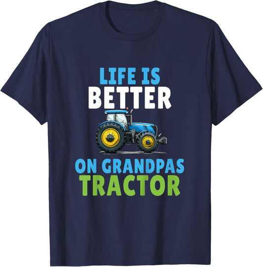 Kids Life Is Better On Grandpas Tractor Tractor Boy Young Farmer T-Shirt - T-Shirt | Navy