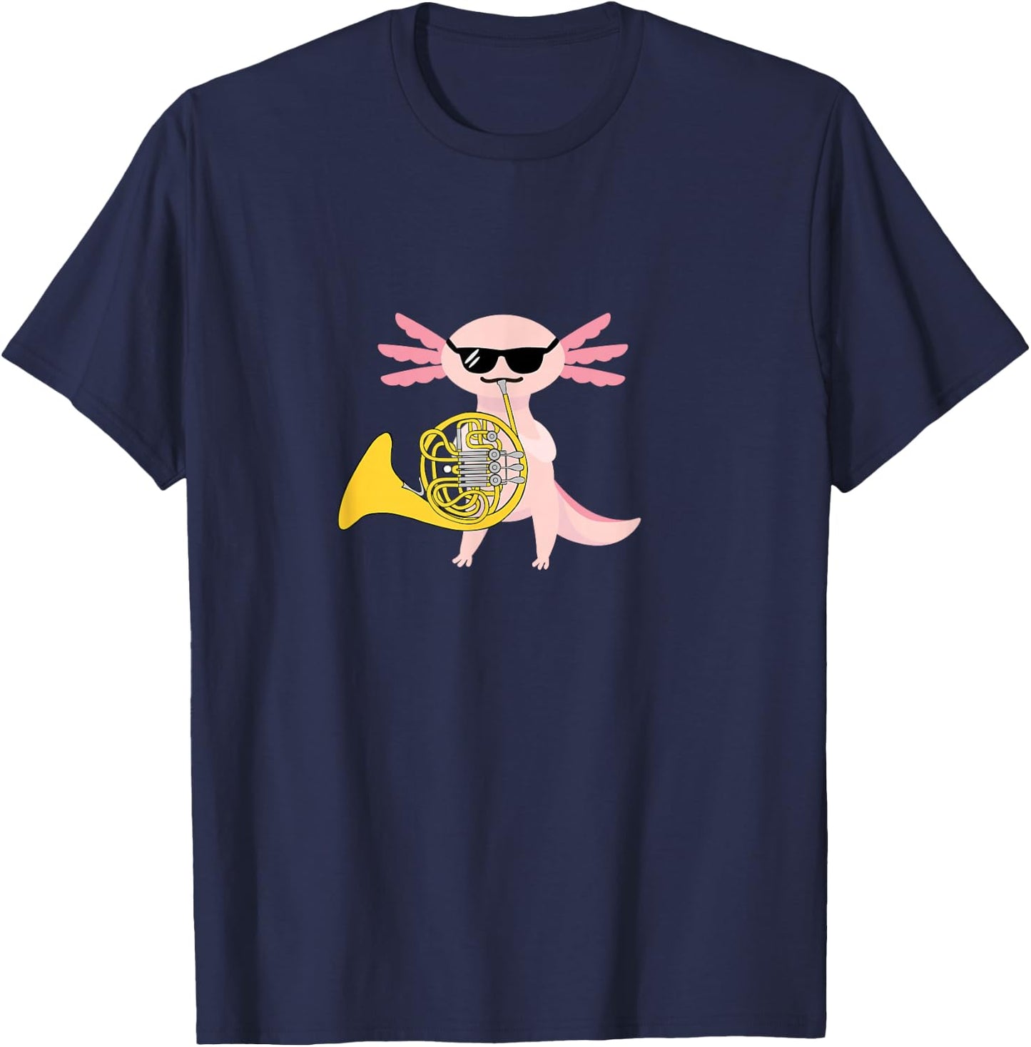 Funny Axolotl Wearing Sunglasses Playing French Horn T-Shirt - T-Shirt | Navy