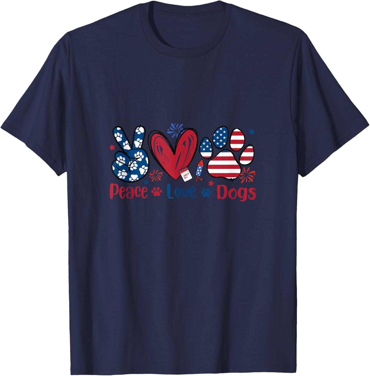 Peace Love Dog Cute Dog Paw Print American Flag 4th Of July T-Shirt - T-Shirt | Navy