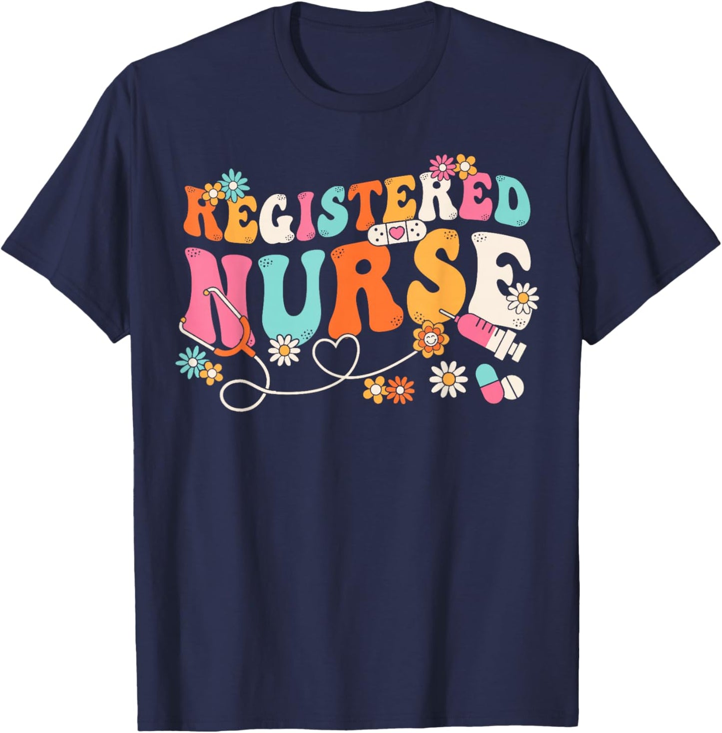 Groovy RN Registered Nurse Week Nursing Stethoscope Cute T-Shirt - T-Shirt | Navy