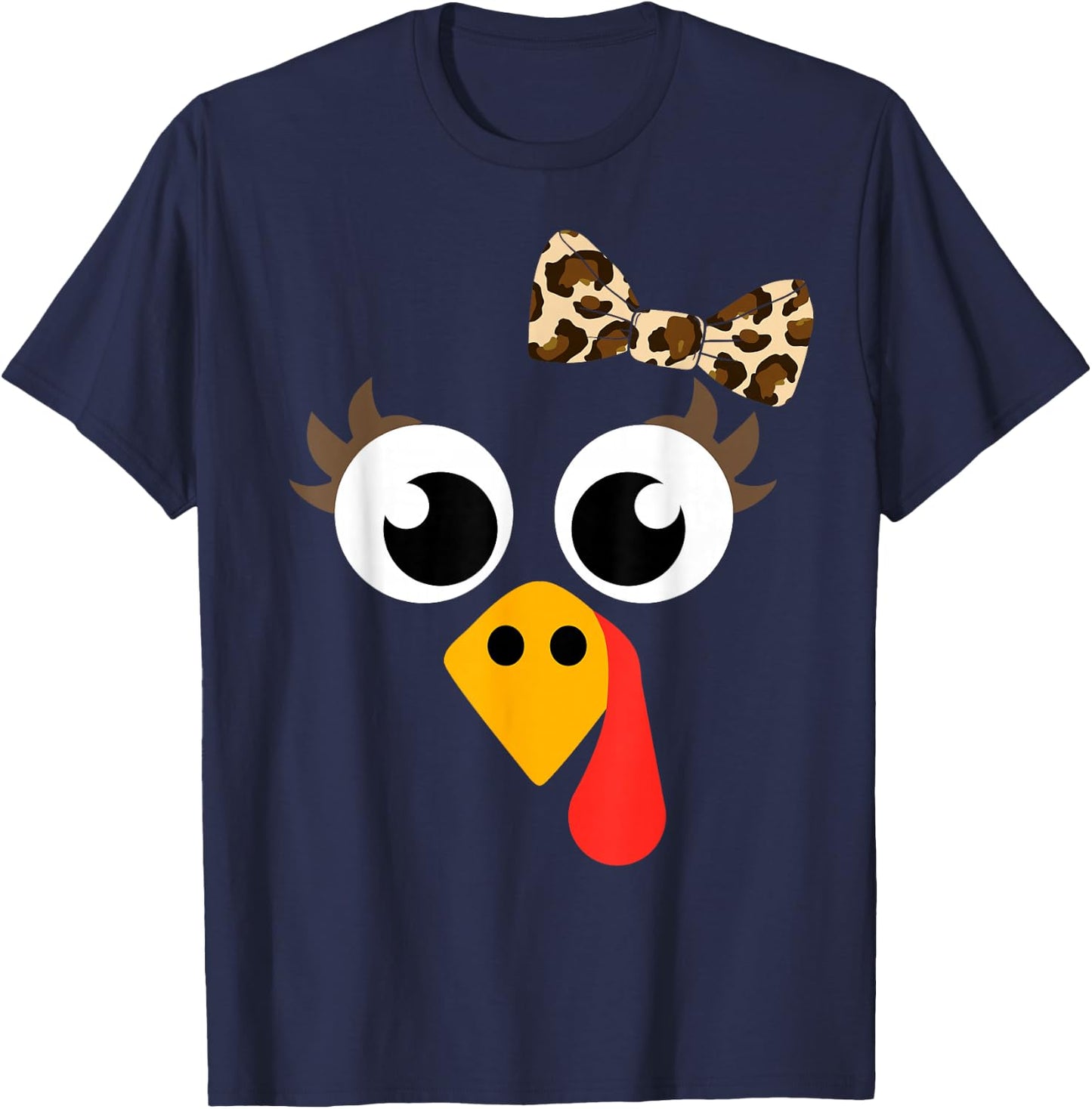 Cute Turkey face with Leopard Bow for Thanksgiving Girl T-Shirt - T-Shirt | Navy
