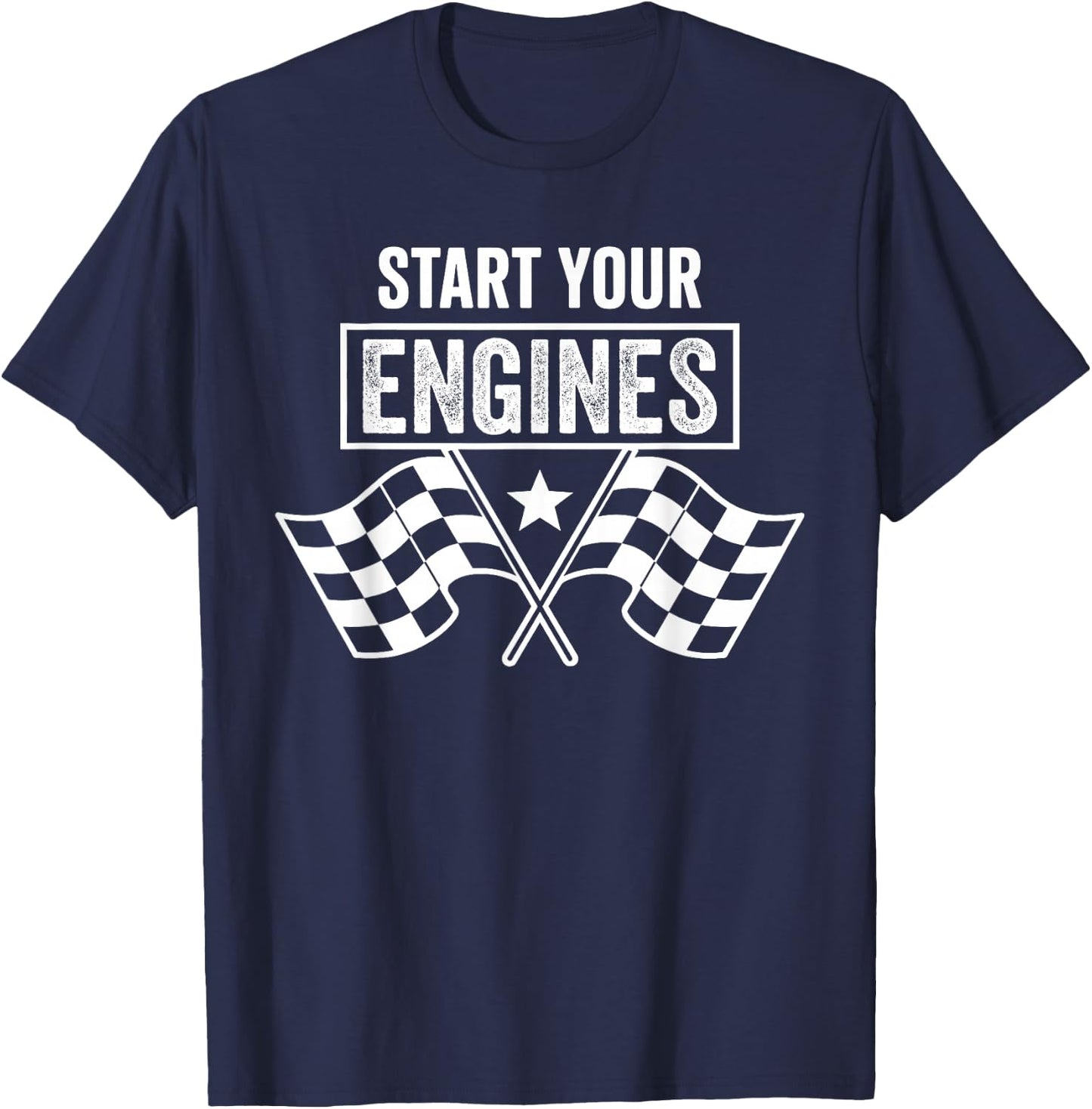 Start Your Engines Vintage Checkered Flag Race Car T-Shirt - T-Shirt | Navy