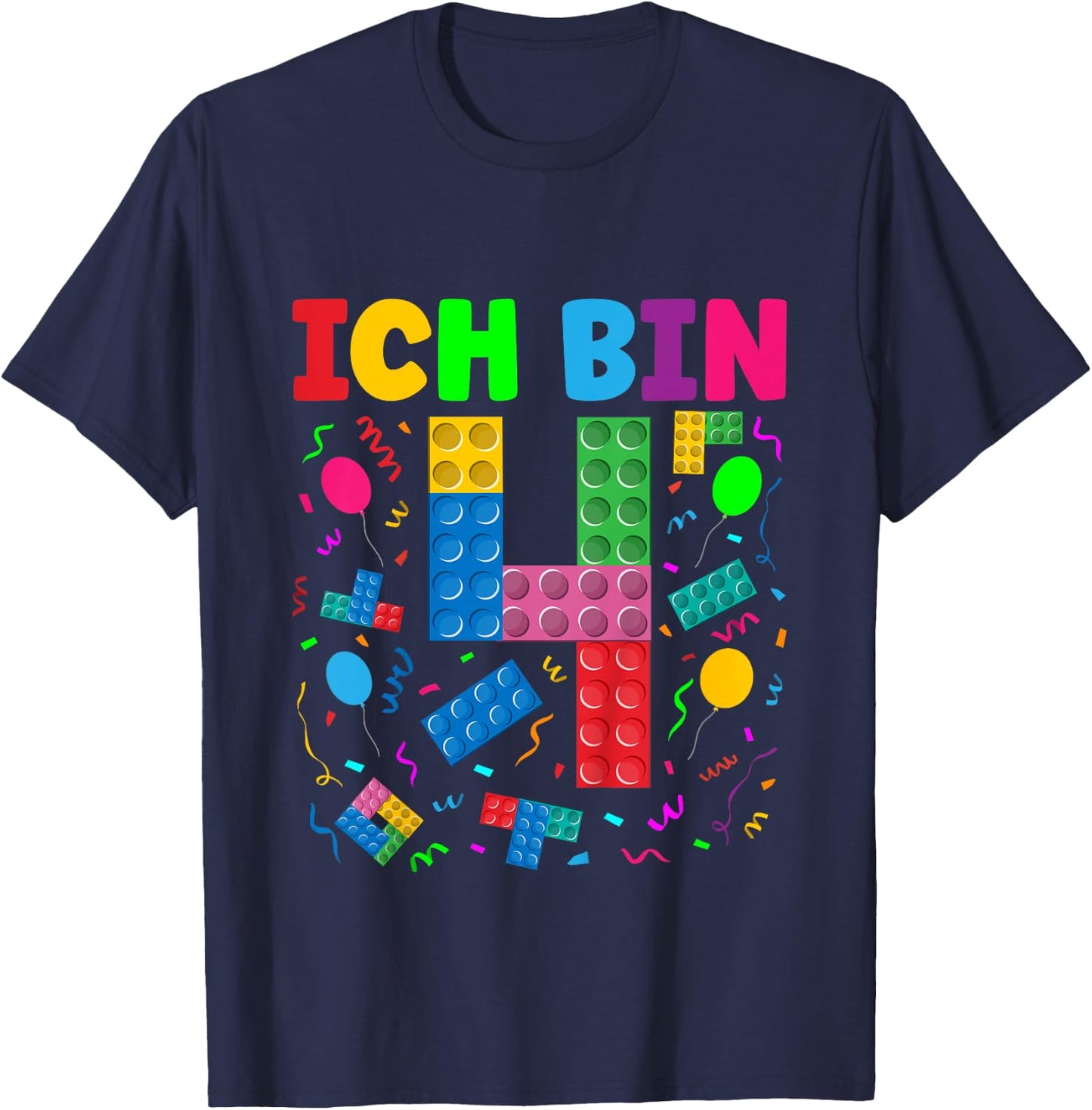 Children's with German Text "Ich bin 4 Building Blocks" 4th Birthday Boy Building Blocks, black T-Shirt - T-Shirt | Navy