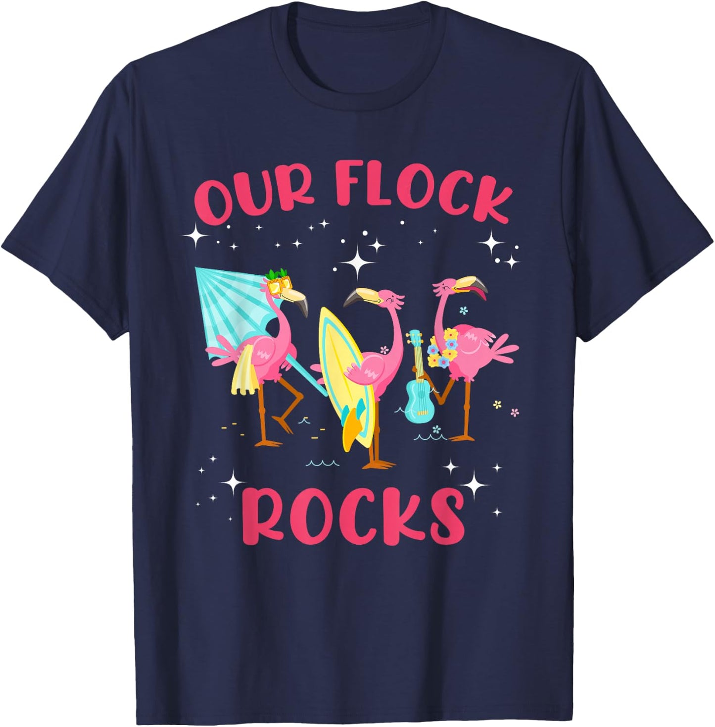 Our Flock Rocks Flamingo Matching Family Vacation Group T-Shirt - T-Shirt | Navy