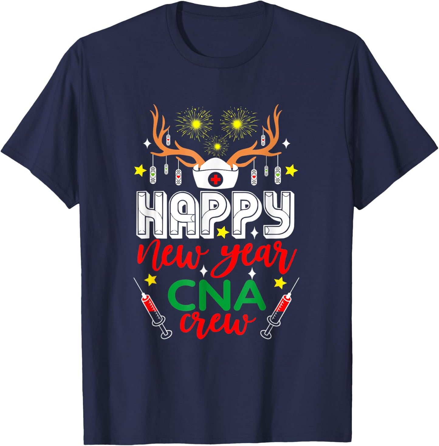 Funny Reindeer Horn Nurse Christmas Happy New Year CNA Crew T-Shirt - T-Shirt | Navy
