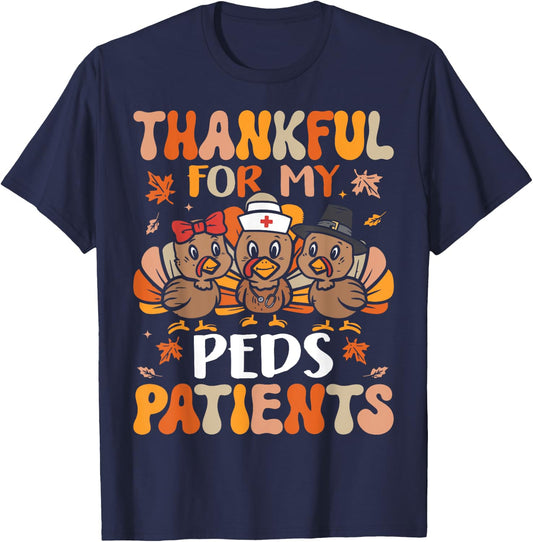 Thankful Peds Nurse Thanksgiving Turkey Pediatric Nurse T-Shirt - T-Shirt | Navy