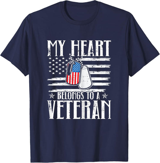 My Heart Belongs To A Veteran American Flag Veteran Husband T-Shirt - T-Shirt | Navy