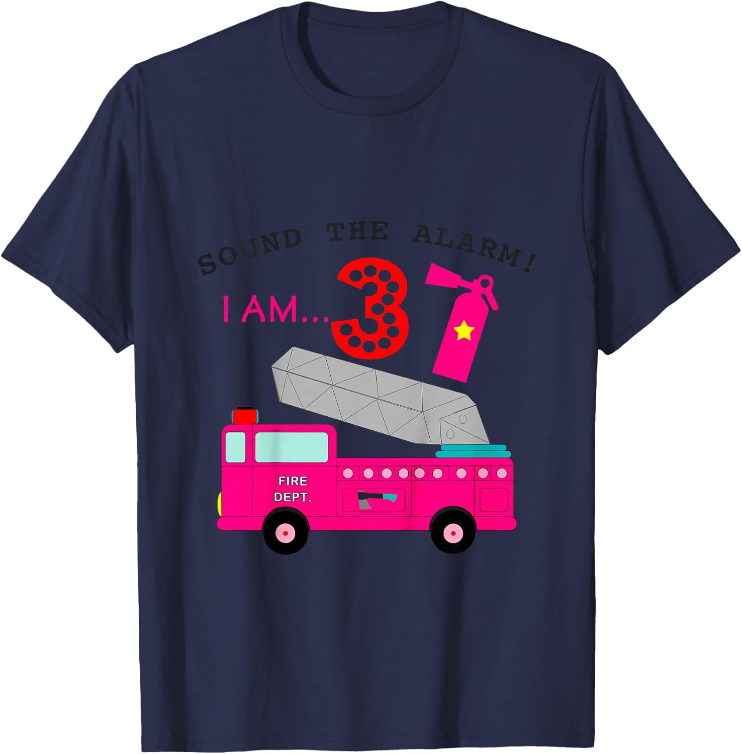 Birthday Girls 3 Pink Fire Truck Three Year Old Third Party T-Shirt - T-Shirt | Navy