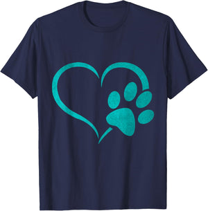 vintage Teal Dog Paw Print heart For Dogs Lover T-Shirt - T-Shirt | Navy