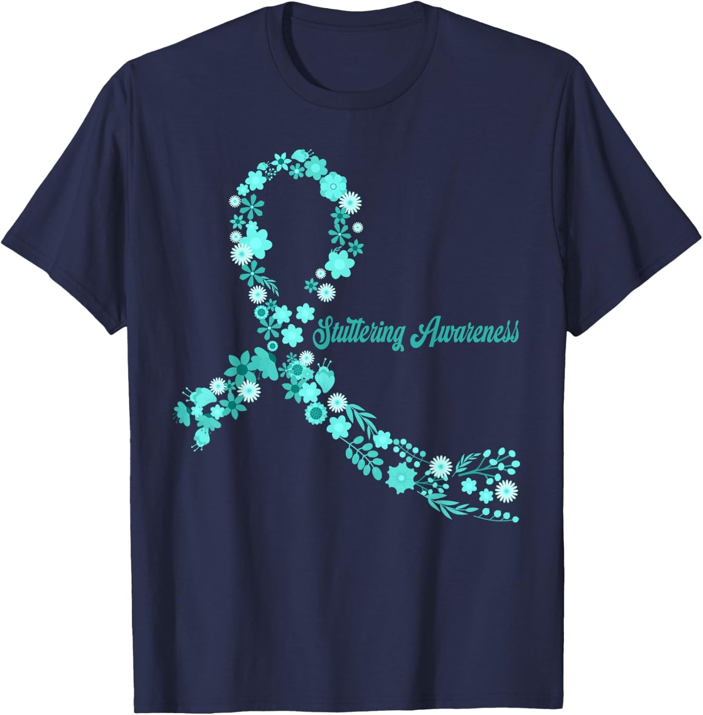 Stuttering Awareness Hippie Flower Teal Ribbon Support T-Shirt - T-Shirt | Navy