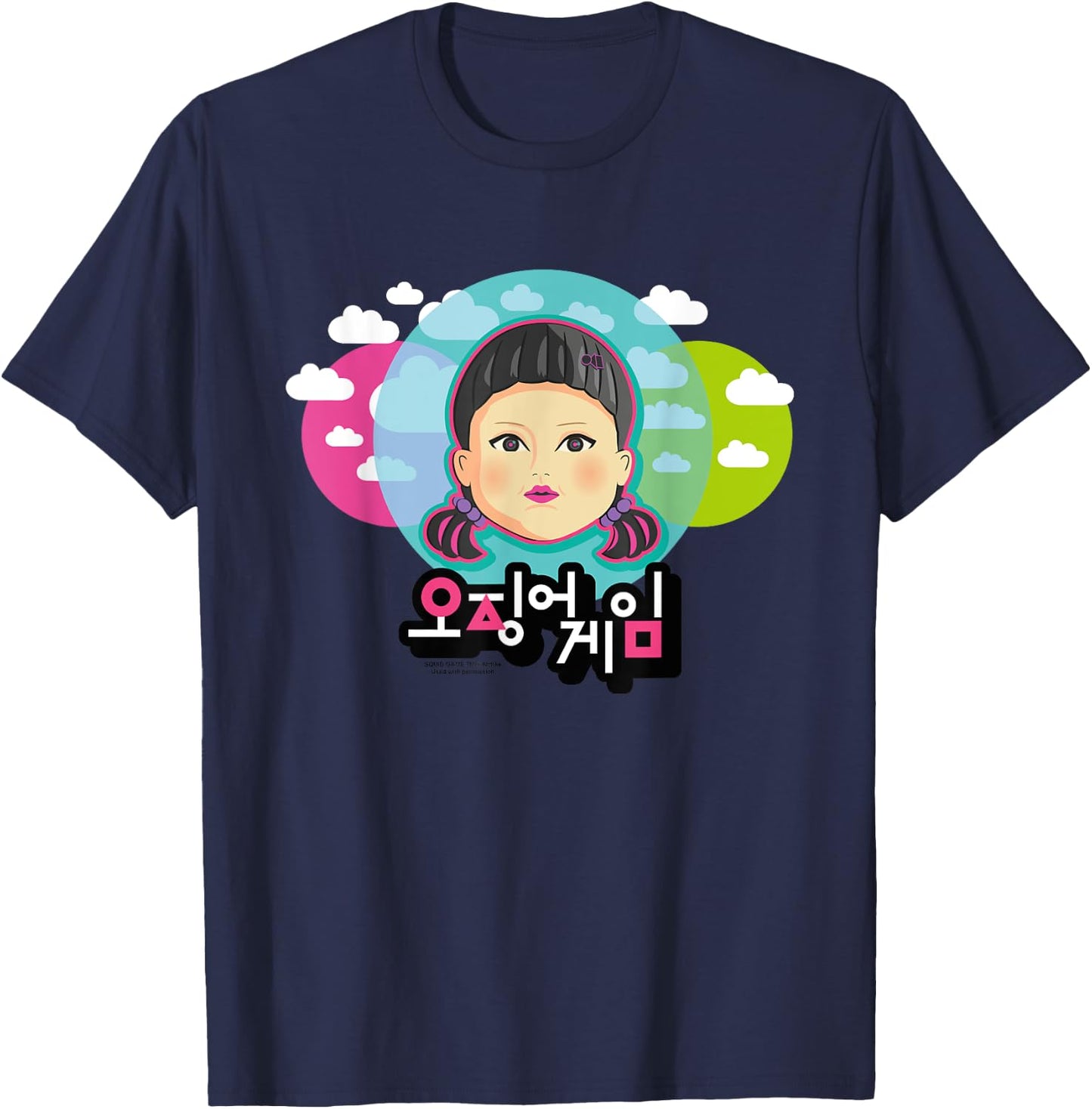 Squid Game Doll with clouds face Light Red Light Green , grey, S T-Shirt - T-Shirt | Navy
