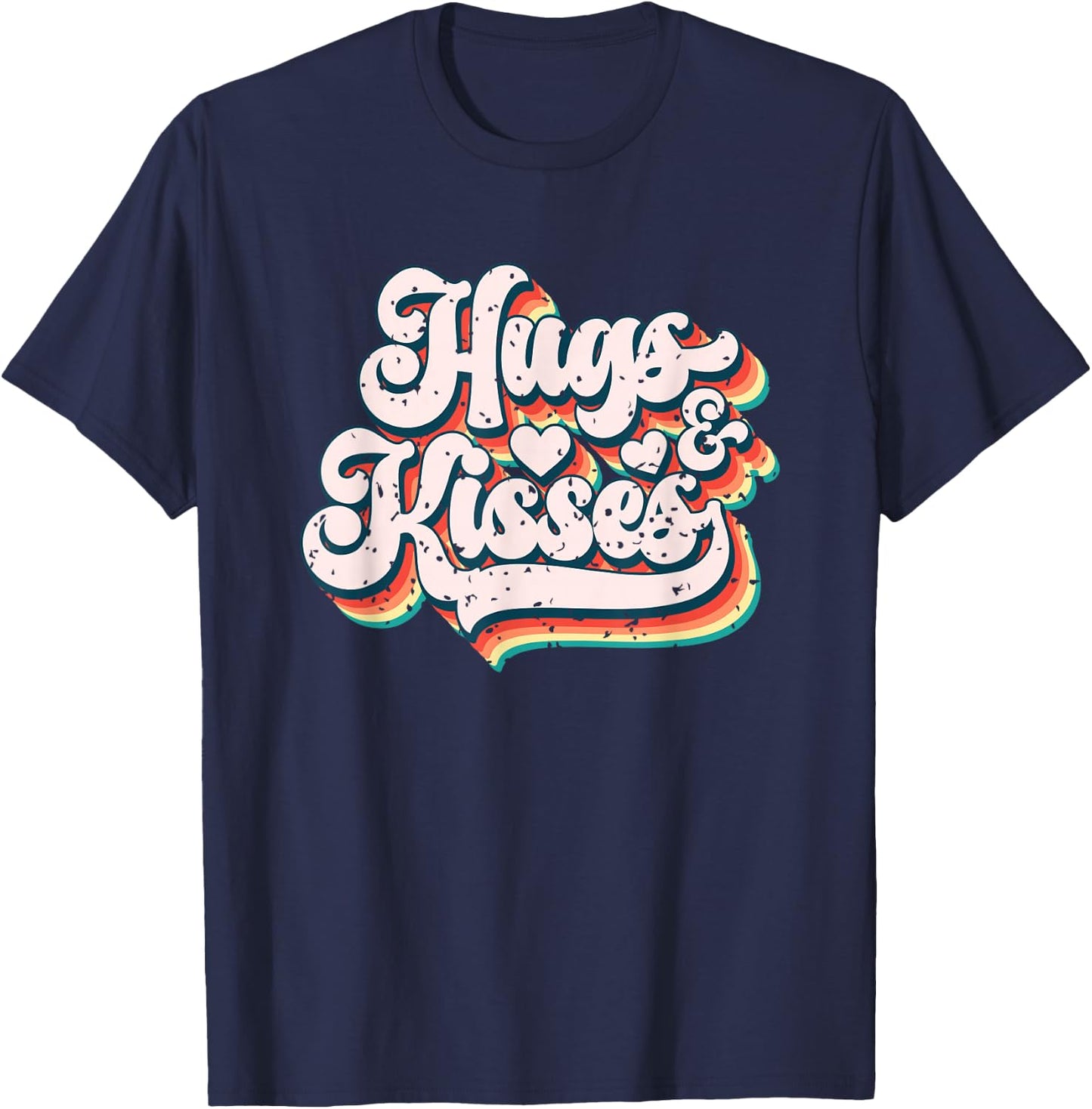 Vibrant Retro Typography Hugs And Kisses T-Shirt - T-Shirt | Navy