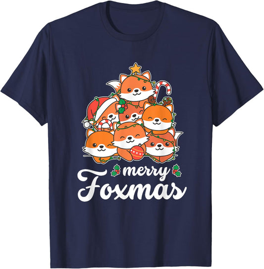 Merry Foxmas Pun Fox Christmas T-Shirt - T-Shirt | Navy