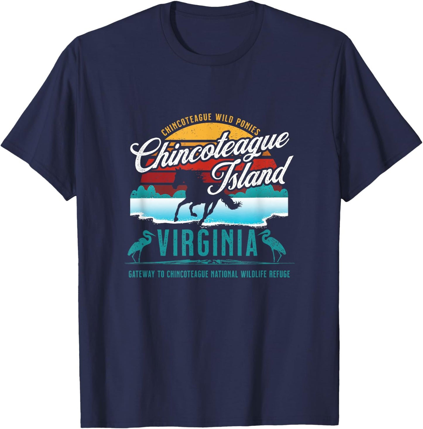 Chincoteague Island Virginia Wild Ponies Retro Sun Souvenir T-Shirt - T-Shirt | Navy