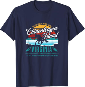 Chincoteague Island Virginia Wild Ponies Retro Sun Souvenir T-Shirt - T-Shirt | Navy