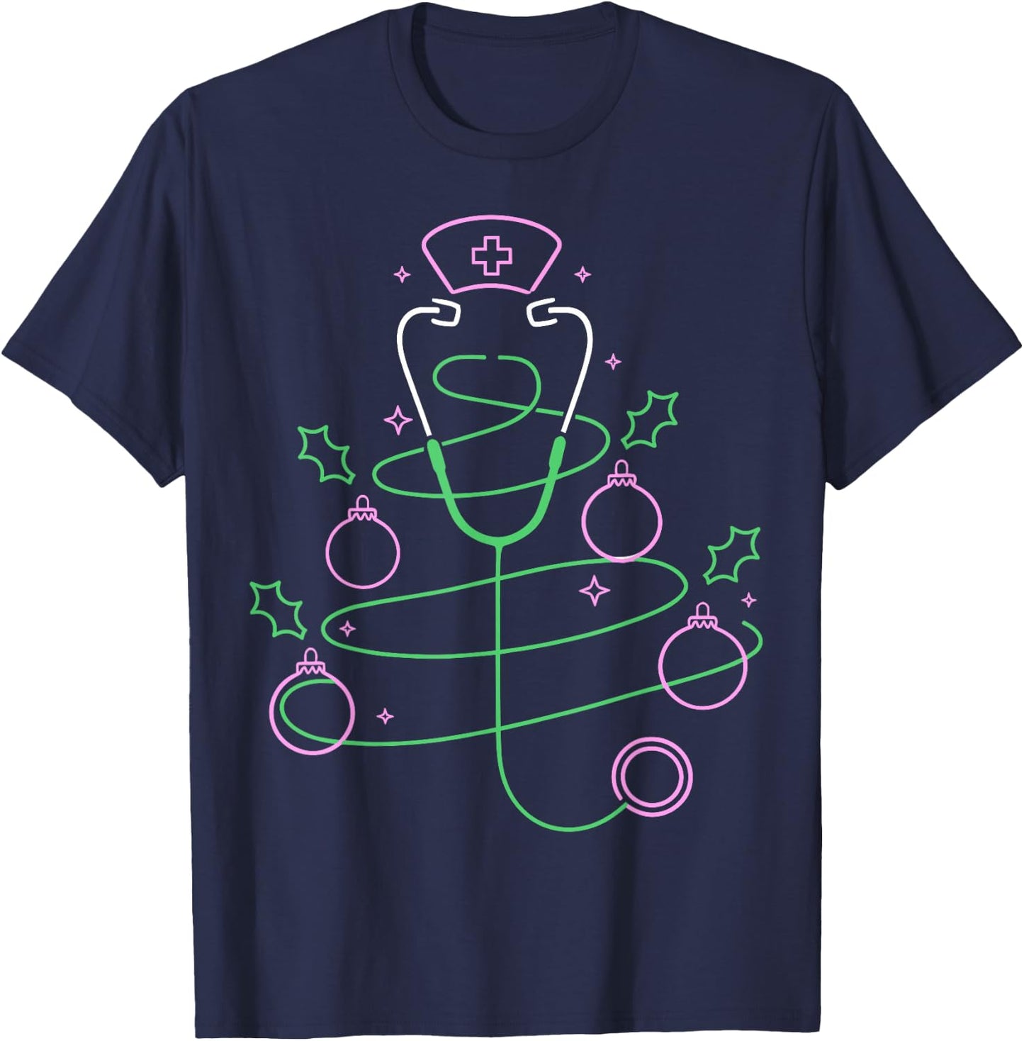Christmas Tree Stethoscope Nurse Christmas T-Shirt - T-Shirt | Navy