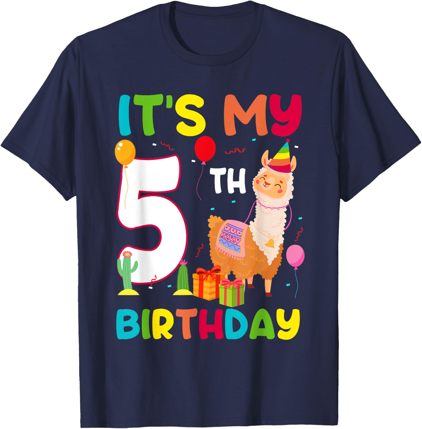 It's My 5th Birthday Cute Llama Alpaca 5 Year Old Birthday T-Shirt - T-Shirt | Navy