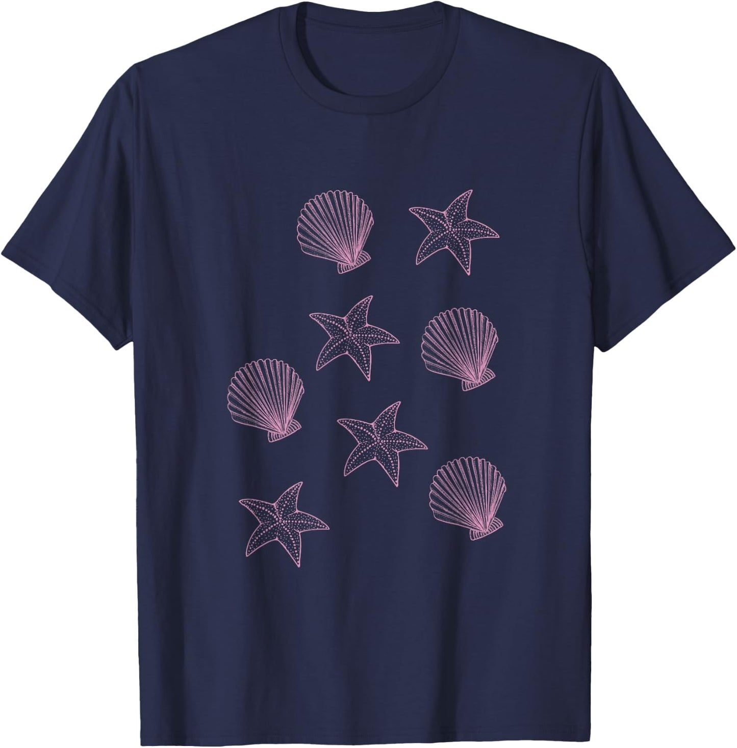 Pink Sea Shells Starfish Coastal Preppy Aesthetic T-Shirt - T-Shirt | Navy