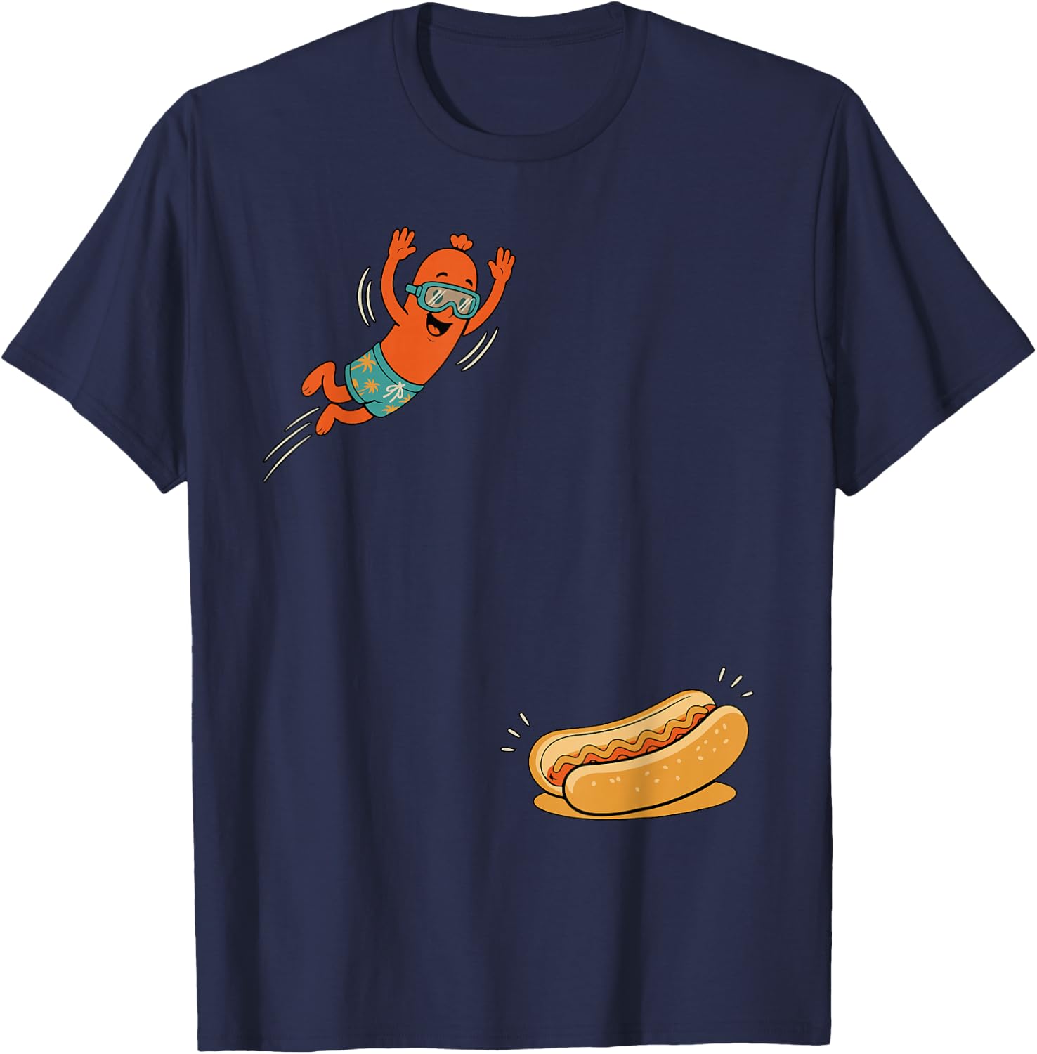 Funny Hot Dog Jumping Into Bun Sausage BBQ High Dive T-Shirt - T-Shirt | Navy