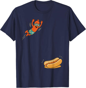 Funny Hot Dog Jumping Into Bun Sausage BBQ High Dive T-Shirt - T-Shirt | Navy