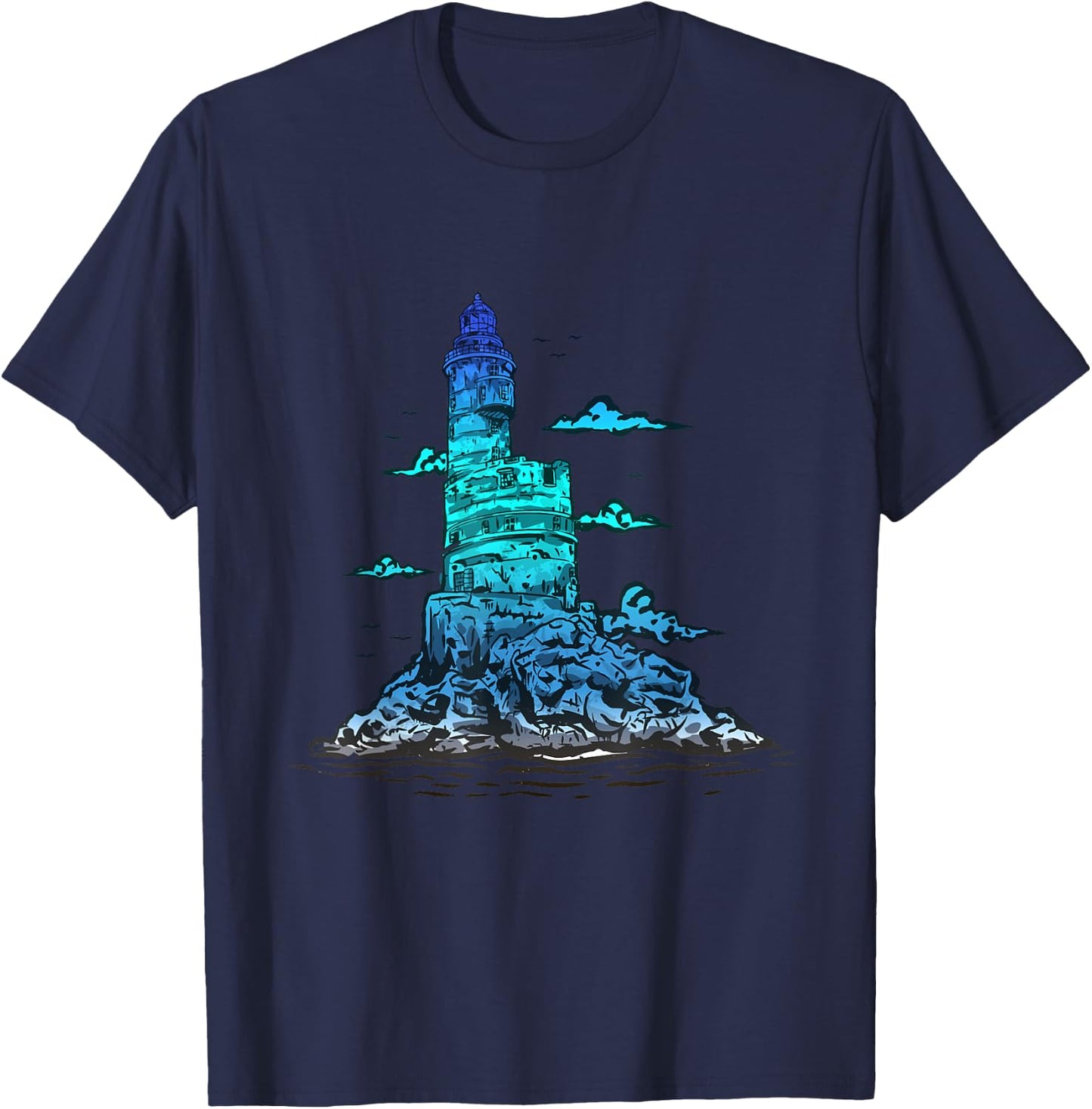 Lighthouse Old Seaside House Clouds Sailing Life Sea T-Shirt - T-Shirt | Navy