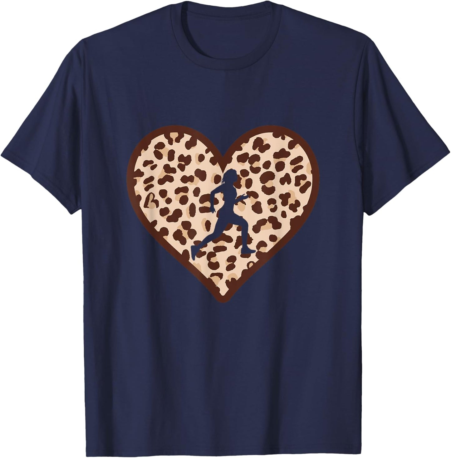 Cross Country Running Heart Leopard Print XC Runner Marathon T-Shirt - T-Shirt | Navy