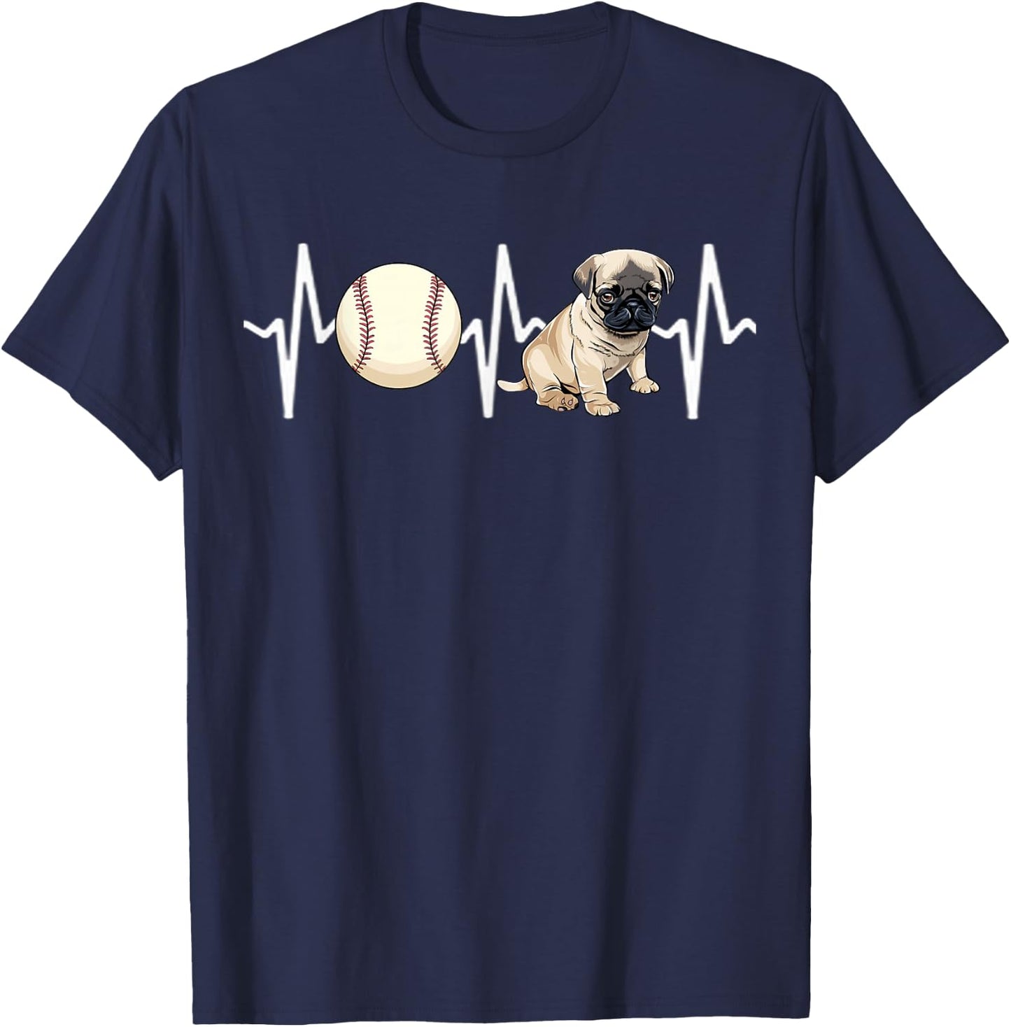 Baseball Pug Heartbeat Dog Lover Women Kids T-Shirt - T-Shirt | Navy