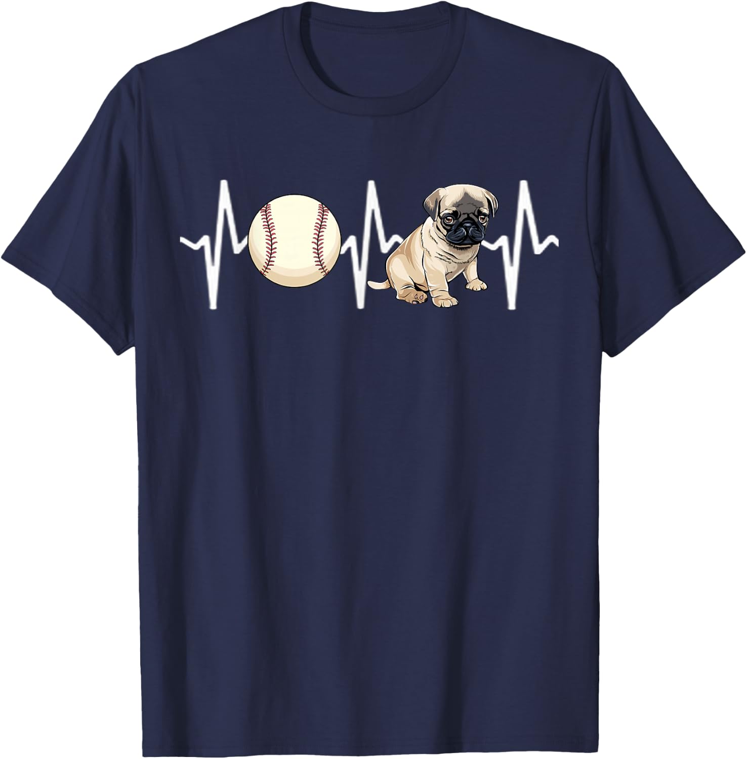 Baseball Pug Heartbeat Dog Lover Women Kids T-Shirt - T-Shirt | Navy
