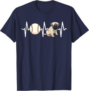 Baseball Pug Heartbeat Dog Lover Women Kids T-Shirt - T-Shirt | Navy