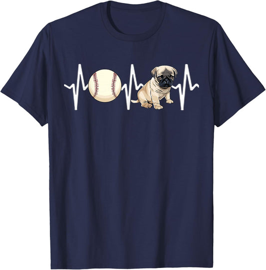 Baseball Pug Heartbeat Dog Lover Women Kids T-Shirt - T-Shirt | Navy