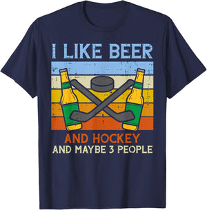 Like Beer Ice Hockey 3 People Funny Drinking Player Goalie T-Shirt - T-Shirt | Navy
