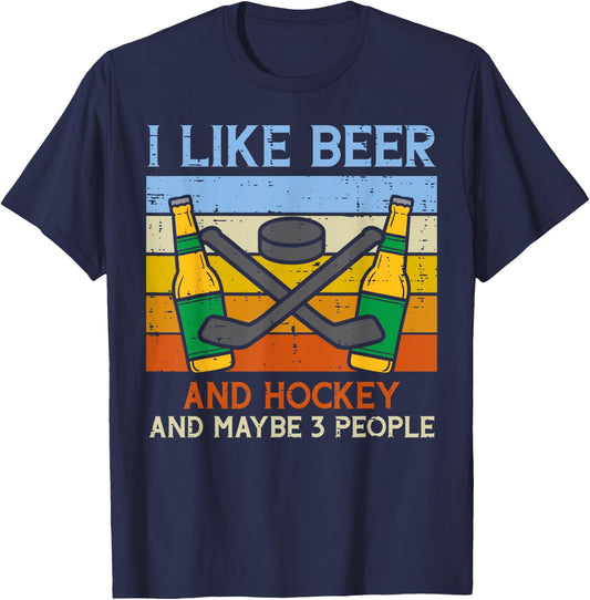 Like Beer Ice Hockey 3 People Funny Drinking Player Goalie T-Shirt - T-Shirt | Navy