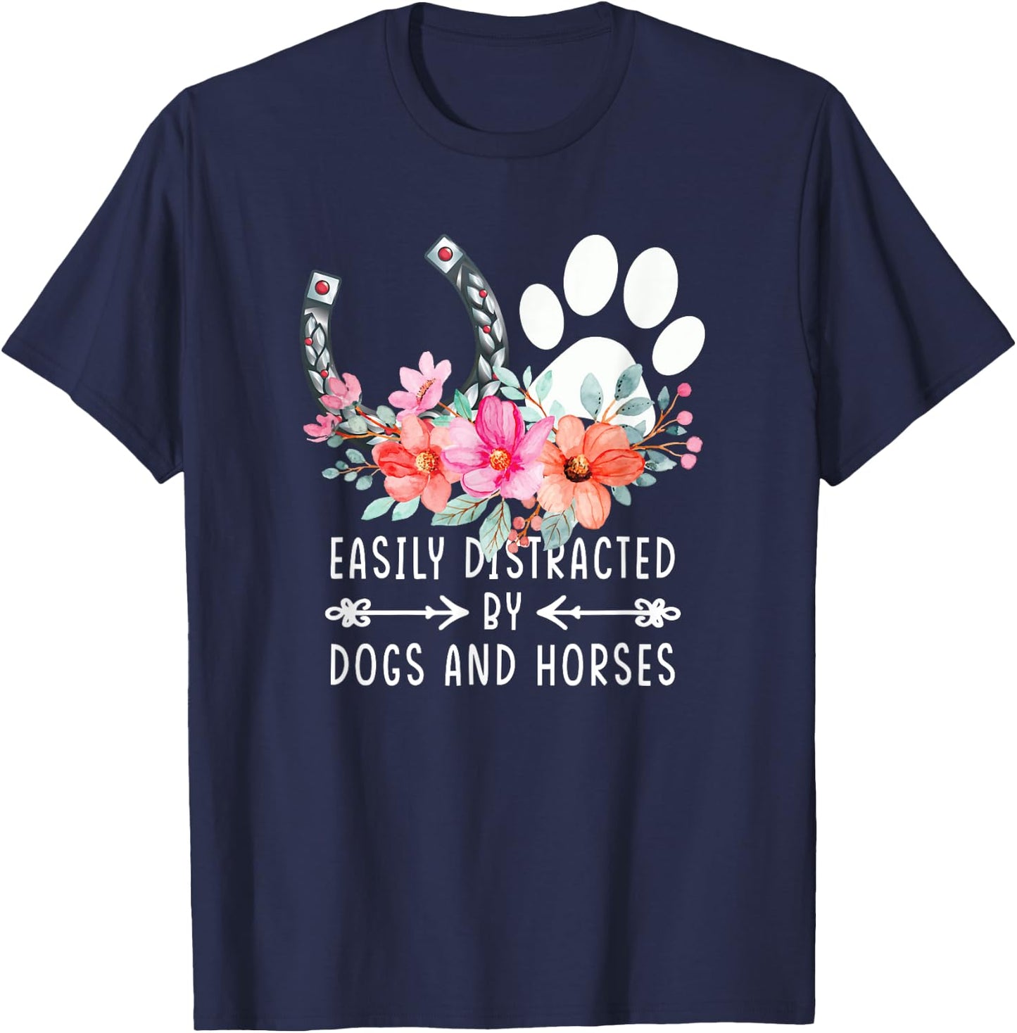 Easily Distracted By Dogs And Horses Xmas Gift T-Shirt - T-Shirt | Navy