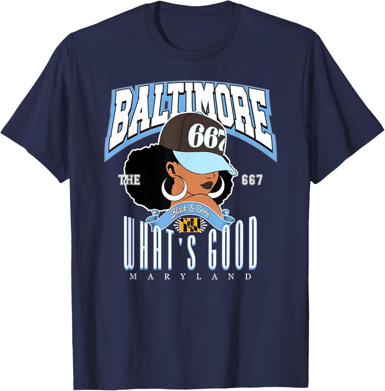 667 Baltimore, the reigning Afro Puff Queen of Maryland , Purple, S T-Shirt - T-Shirt | Navy