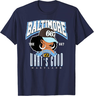 667 Baltimore, the reigning Afro Puff Queen of Maryland , Purple, S T-Shirt - T-Shirt | Navy